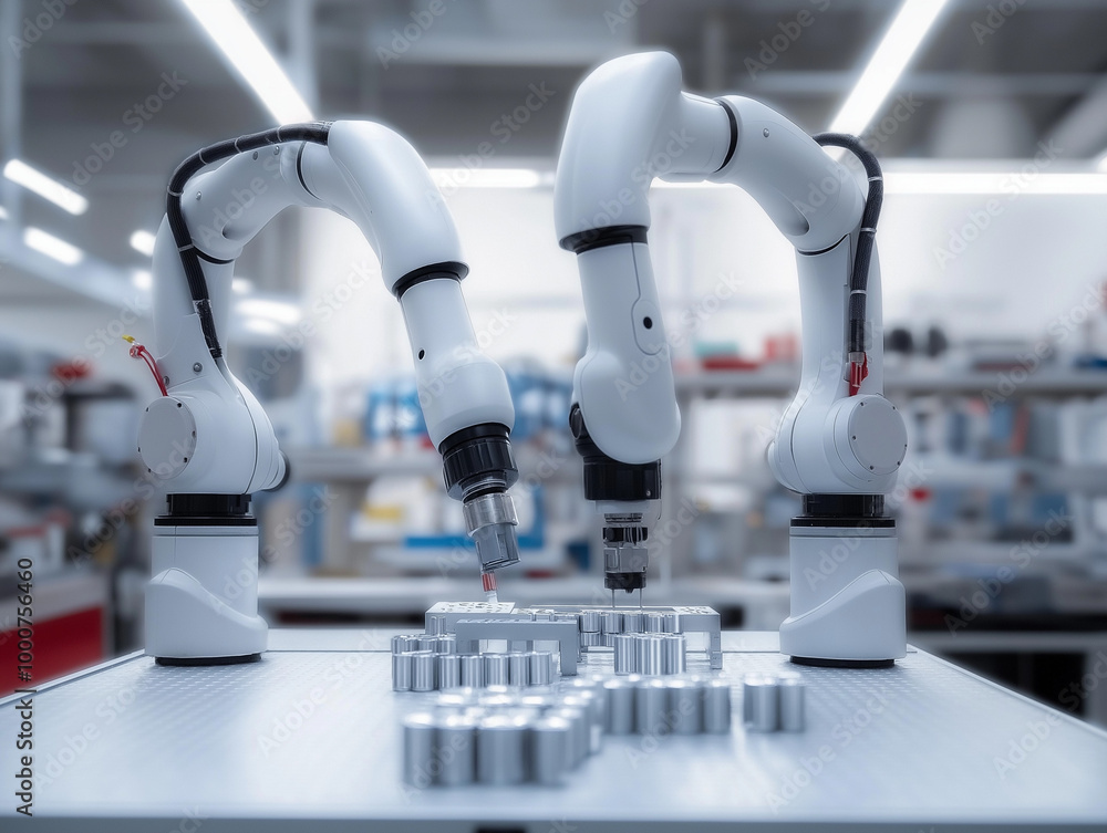 White Robotic Arms Assembling Components in Modern Factory White Robotic Arms Assembling Components in Modern Factory