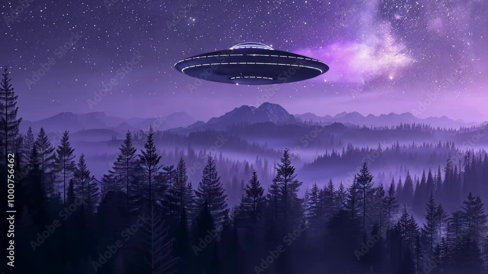 A UFO hovers over a misty forest at night, with a starry sky above A UFO hovers over a misty forest at night, with a starry sky above