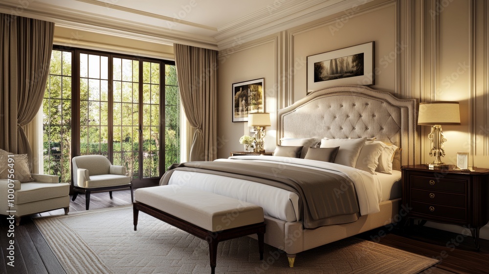 Fototapeta premium A large bedroom with a white bed, a white chair, and a white bench