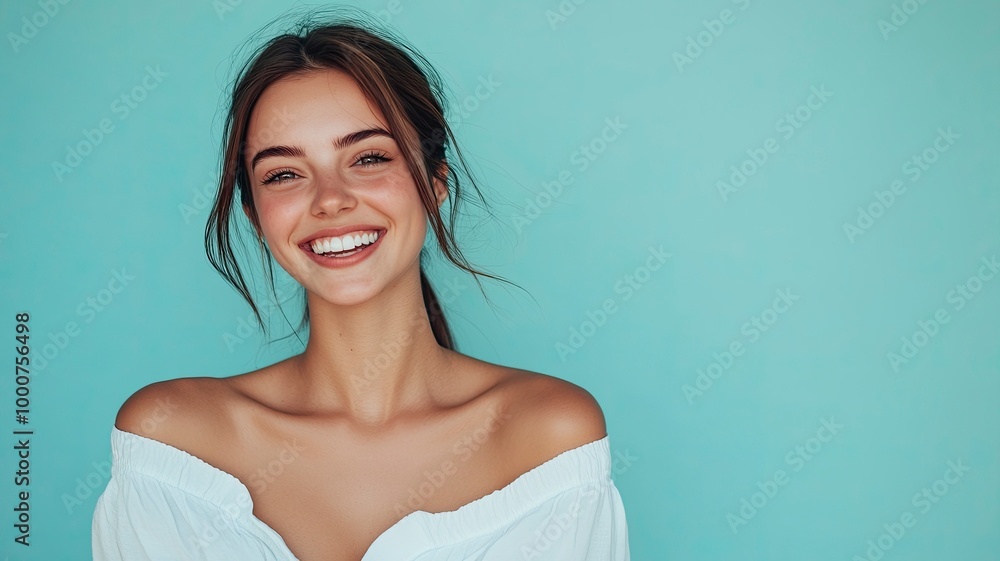 Young smiling happy cheerful fun satisfied cool woman she wearing white top shirt casual clothes looking camera isolated on plain pastel light blue cyan background studio portrait. generative ai Young smiling happy cheerful fun satisfied cool woman she wearing white top shirt casual clothes looking camera isolated on plain pastel light blue cyan background studio portrait. generative ai