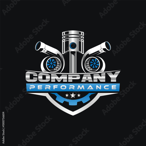 3d vector logo combines a piston with a luxurious turbo charger for the automotive and repair industry