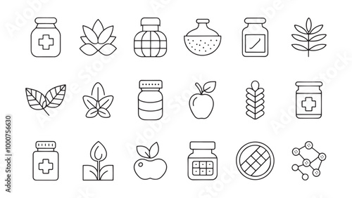 Food supplement, herbal, natural, vitamin related Minimalist Line 15 pcs icons set isolated on white background.