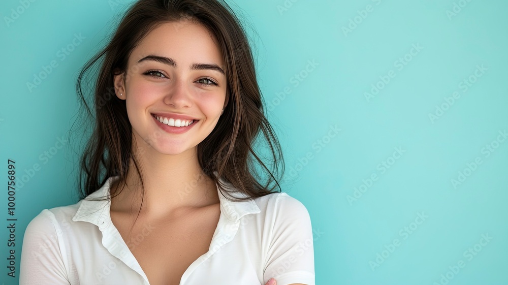 Young smiling happy cheerful fun satisfied cool woman she wearing white top shirt casual clothes looking camera isolated on plain pastel light blue cyan background studio portrait. generative ai Young smiling happy cheerful fun satisfied cool woman she wearing white top shirt casual clothes looking camera isolated on plain pastel light blue cyan background studio portrait. generative ai