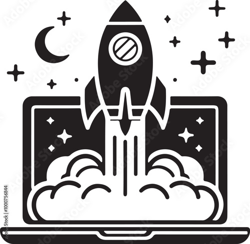 Minimalist rocket icon, laptop computer, black and white line drawing, simple geometric shapes, modern tech logo, startup concept, digital illustration, vector graphics, clean design.