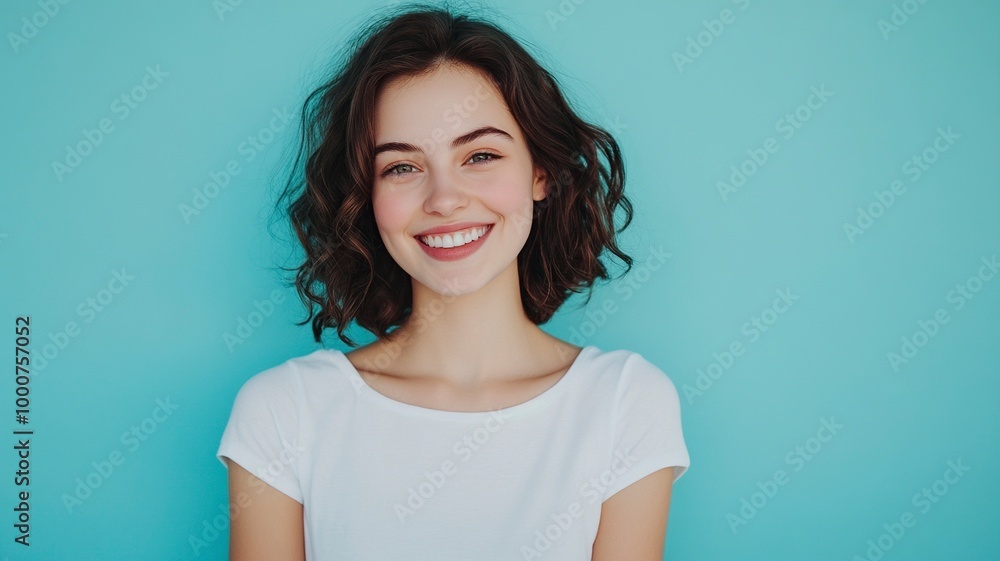 Obraz premium Young smiling happy cheerful fun satisfied cool woman she wearing white top shirt casual clothes looking camera isolated on plain pastel light blue cyan background studio portrait. generative ai