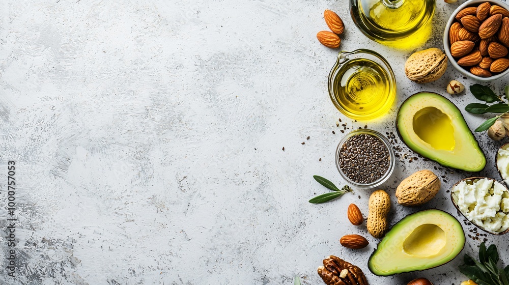 Healthy Fats Food Background Avocado Nuts Seeds Oil Healthy Fats Food Background Avocado Nuts Seeds Oil