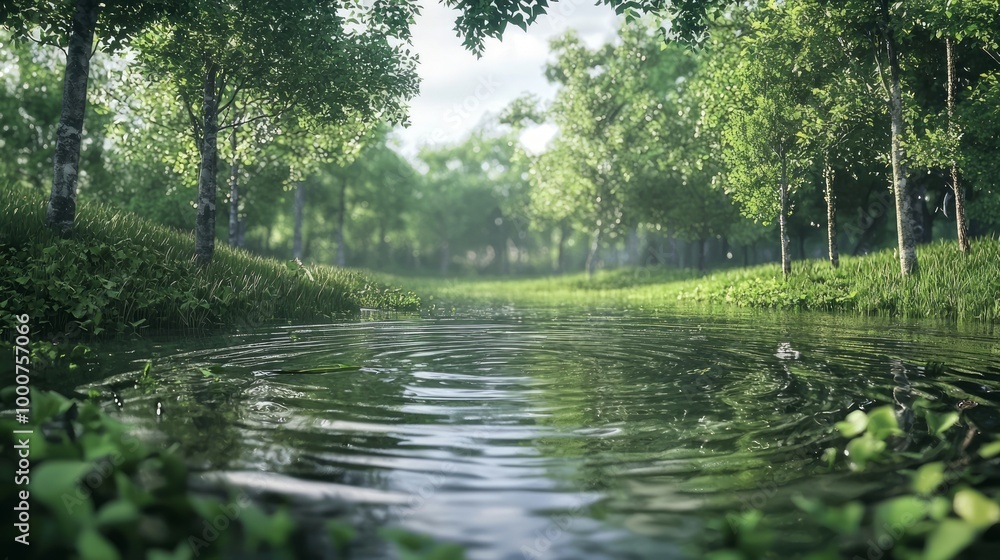 Tranquil Pond Scene with Ripples Caused by Gentle Wind in Lush Green Forest Setting