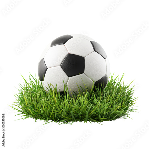 Classic black and white soccer ball on green grass isolated on white background, representing sports and recreation.