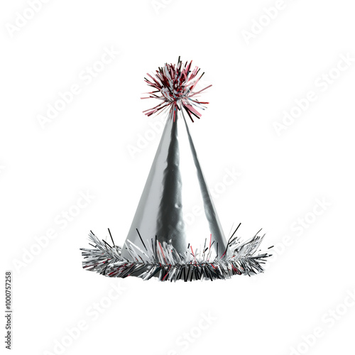 Metallic silver party hat with tinsel, perfect for celebrations, birthdays, and festivities. Adds sparkle and fun to any special occasion. photo