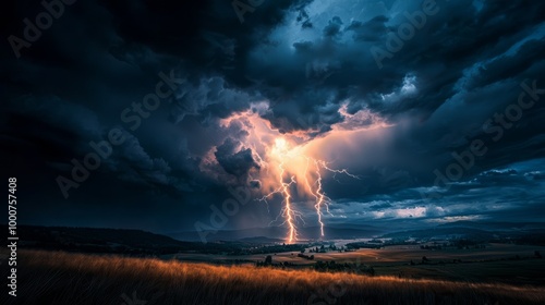 Electrifying Lightning Storm: Dramatic Illumination in Darkened Valley photo