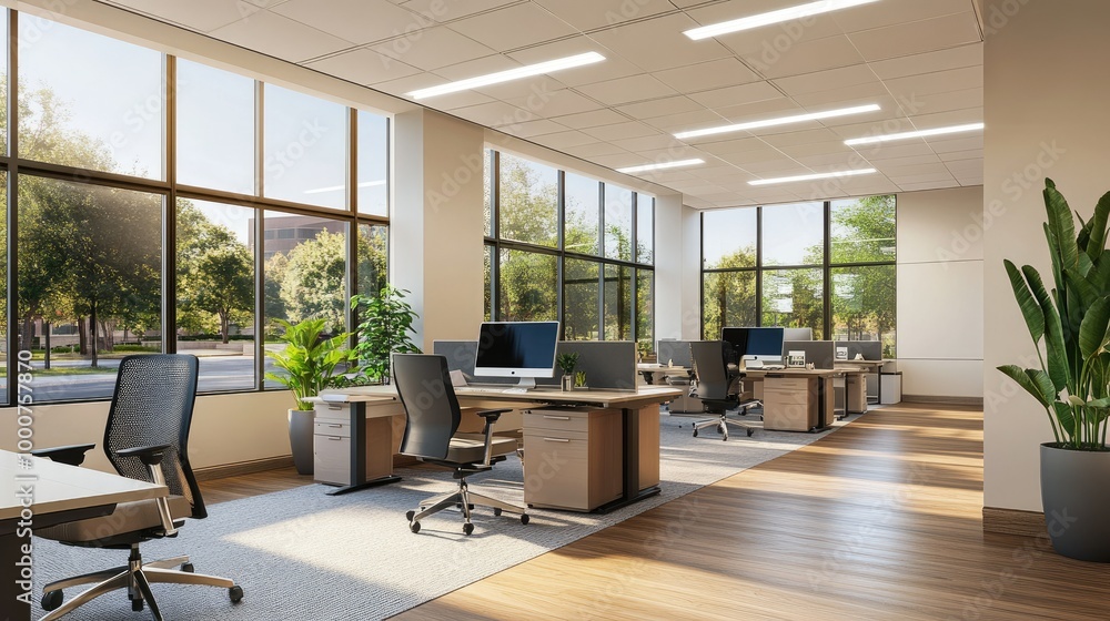 Fototapeta premium Modern workspace with ergonomic chairs, tech-savvy desks, and big windows. Bright lighting and minimalist decor create a productive and clean environment.