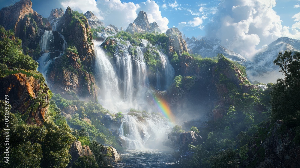 Majestic Waterfall: Powerful Cascade with Rainbow and Misty Spray Majestic Waterfall: Powerful Cascade with Rainbow and Misty Spray