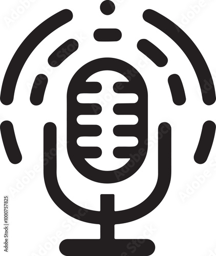 Black and white icon, stylized microphone, wireless symbol, radio waves, minimalist design, broadcasting symbol, podcast logo, audio recording, simple graphic, bold silhouette, communication icon.