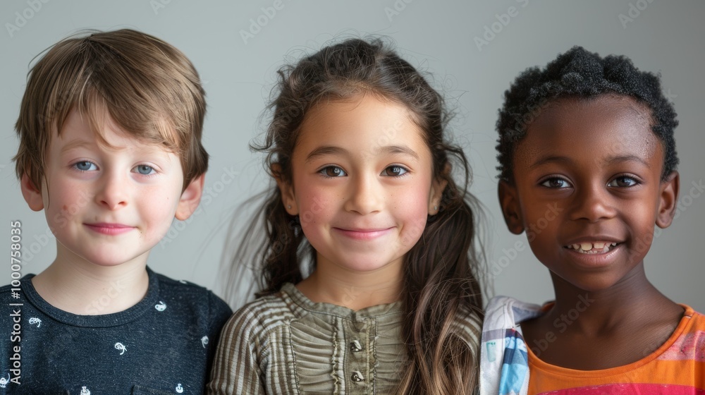 A portrait of three diverse kids, smiling brightly A portrait of three diverse kids, smiling brightly