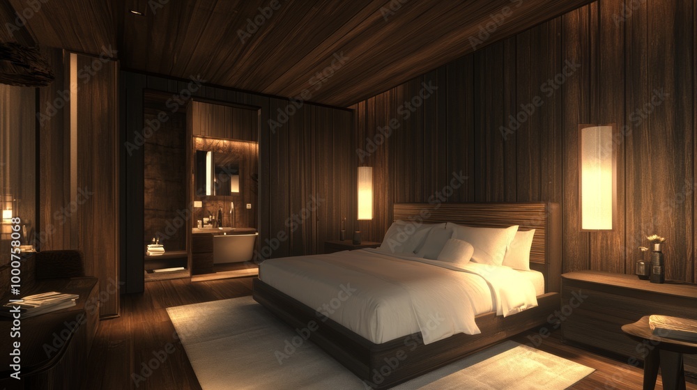 A large bed with white sheets and pillows is in a room with wooden walls A large bed with white sheets and pillows is in a room with wooden walls