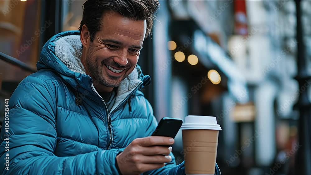 Smiling man in blue clothes is using the phone Smiling man in blue clothes is using the phone