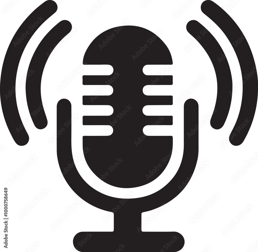 Black and white icon, stylized microphone, wireless symbol, radio waves, minimalist design, broadcasting symbol, podcast logo, audio recording, simple graphic, bold silhouette, communication icon. Black and white icon, stylized microphone, wireless symbol, radio waves, minimalist design, broadcasting symbol, podcast logo, audio recording, simple graphic, bold silhouette, communication icon.