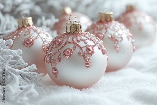 Luxurious pink and white Christmas baubles in snow photo