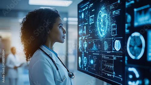 A woman in a white lab coat is looking at a computer monitor displaying a comple photo