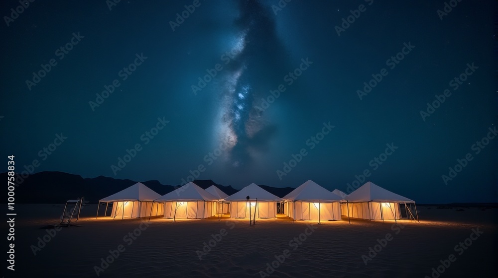 Serene Desert Night Scene Featuring a Cluster of Traditional White Tents Under a Breathtaking Milky Way Galaxy Serene Desert Night Scene Featuring a Cluster of Traditional White Tents Under a Breathtaking Milky Way Galaxy