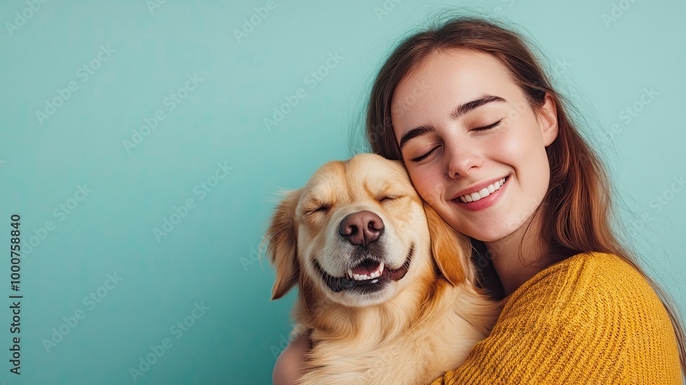 Young smiling happy cheerful owner woman with her best friend retriever wear casual clothes cuddle hug dog close eyes isolated on plain pastel light blue background studio. generative ai Young smiling happy cheerful owner woman with her best friend retriever wear casual clothes cuddle hug dog close eyes isolated on plain pastel light blue background studio. generative ai