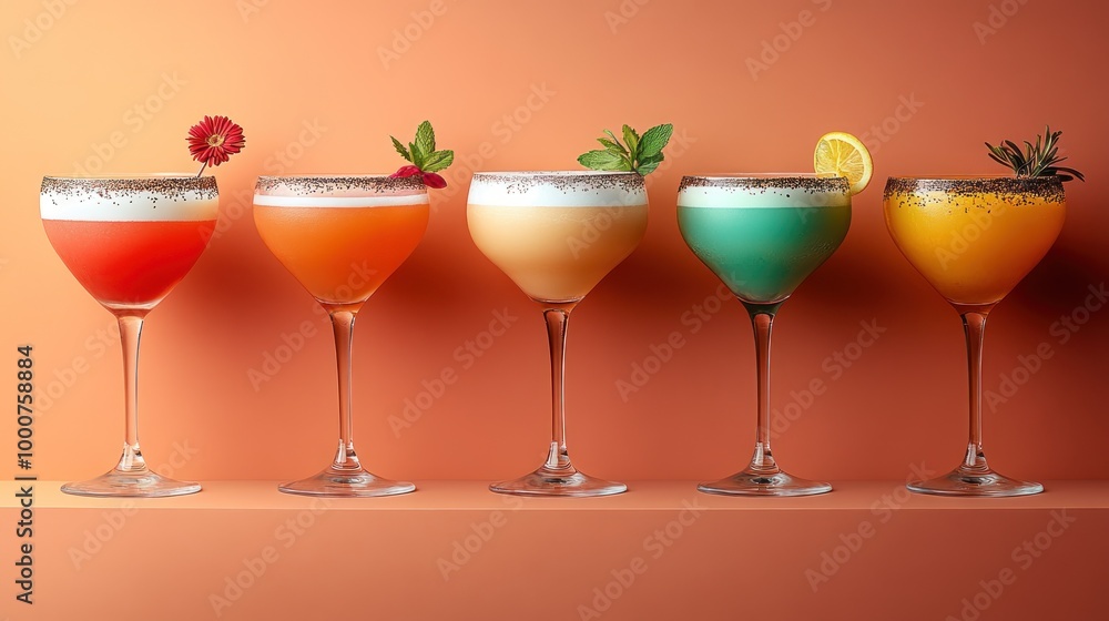 A vibrant display of colorful cocktails in elegant glasses. A vibrant display of colorful cocktails in elegant glasses.