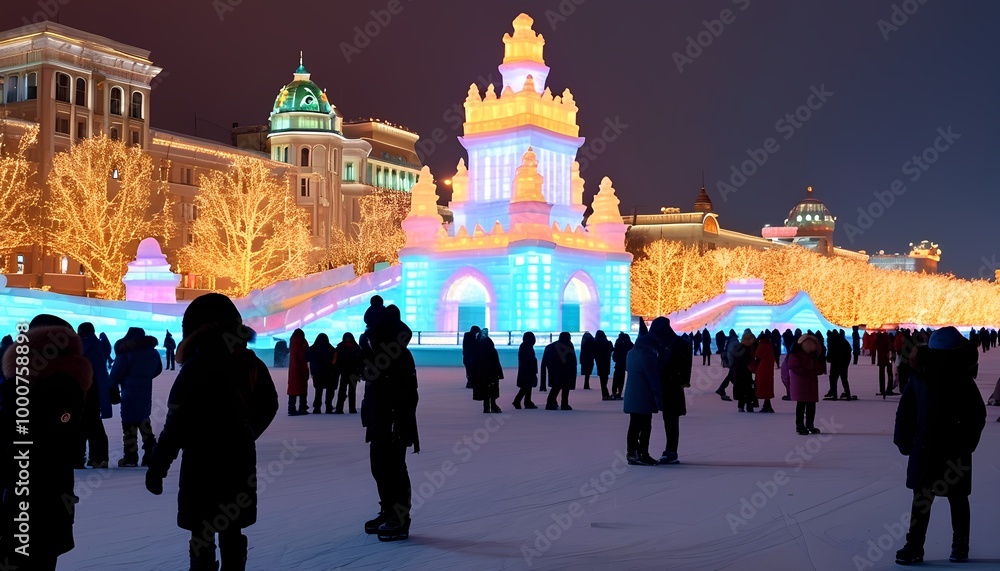 Obraz premium A winter festival scene with colorful ice sculptures and illuminated buildings, bustling with people enjoying the snowy landscape at night.