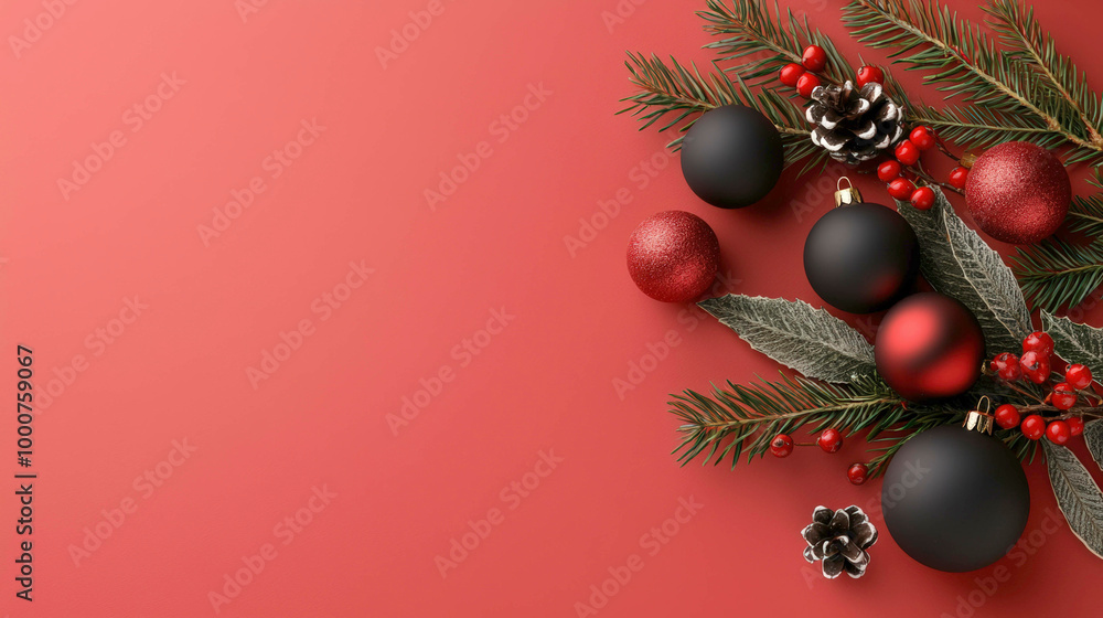 Bold Christmas arrangement with red and black ornaments, pine branches, and festive berries. A modern holiday design ideal for gift cards, invitations, and seasonal decor with a contemporary touch. Bold Christmas arrangement with red and black ornaments, pine branches, and festive berries. A modern holiday design ideal for gift cards, invitations, and seasonal decor with a contemporary touch.