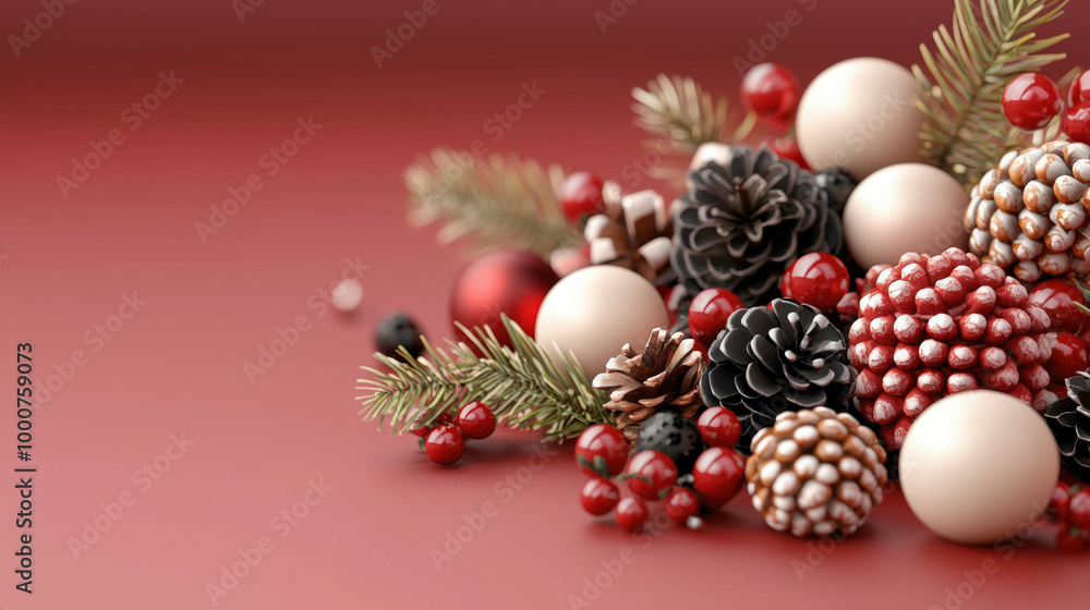 Elegant Christmas display with red berries, frosted pinecones, gold and white ornaments on a soft red background. Perfect for seasonal decor, holiday cards, and festive designs. Elegant Christmas display with red berries, frosted pinecones, gold and white ornaments on a soft red background. Perfect for seasonal decor, holiday cards, and festive designs.
