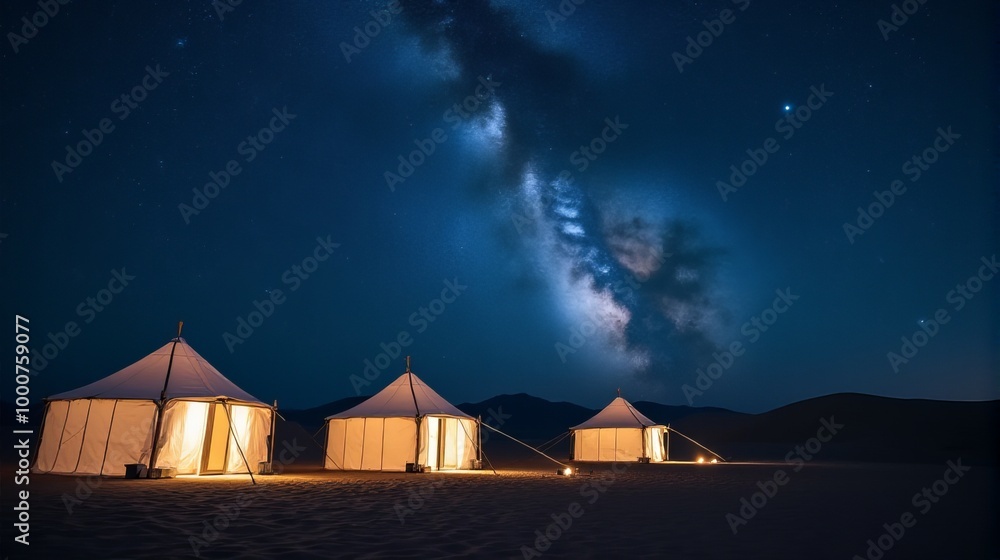 Serene Desert Night Scene Featuring a Cluster of Traditional White Tents Under a Breathtaking Milky Way Galaxy Serene Desert Night Scene Featuring a Cluster of Traditional White Tents Under a Breathtaking Milky Way Galaxy