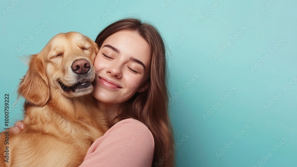 Young smiling happy cheerful owner woman with her best friend retriever wear casual clothes cuddle hug dog close eyes isolated on plain pastel light blue background studio. generative ai Young smiling happy cheerful owner woman with her best friend retriever wear casual clothes cuddle hug dog close eyes isolated on plain pastel light blue background studio. generative ai