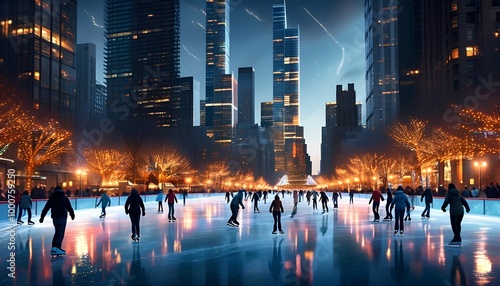Wallpaper Mural Nighttime ice skating scene in a city, illuminated by city lights and festive trees, showcasing a lively winter atmosphere. Torontodigital.ca
