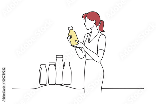 woman examines a bottle of milk while shopping in a supermarket aisle continuous line art flat vector illustration on white background.