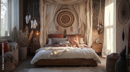 A bedroom with a bed, a rug, and a hanging tapestry