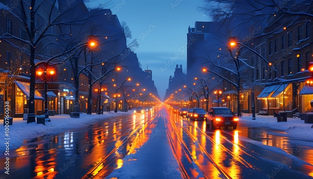 A serene winter evening street scene with glowing lights reflecting on a wet, snowy pavement. A serene winter evening street scene with glowing lights reflecting on a wet, snowy pavement.