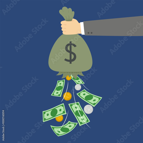 Business hand holding money bag with a hole and bills falling out. Flat, Vector, Illustration, Cartoon, EPS10. 