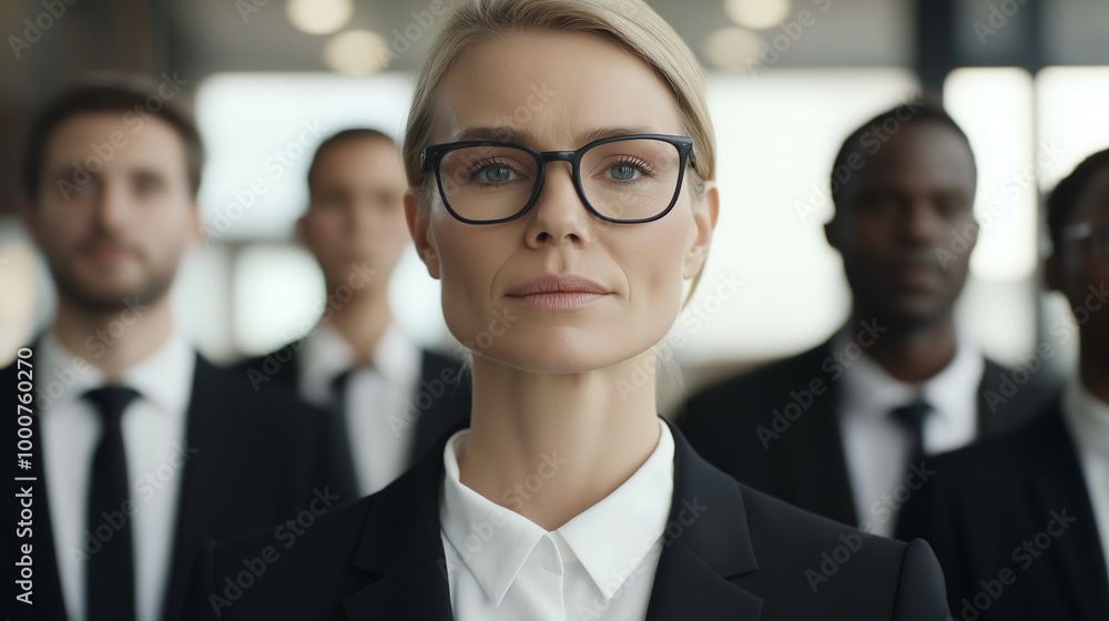 an elegant blonde woman in her late thirties, wearing glasses and business attire with arms crossed confidently posing for the camera, surrounded by other people, portrait of a businesswoman an elegant blonde woman in her late thirties, wearing glasses and business attire with arms crossed confidently posing for the camera, surrounded by other people, portrait of a businesswoman