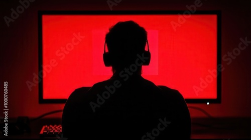 Silhouette of a person wearing headphones in front of a glowing red screen, creating an immersive atmosphere.