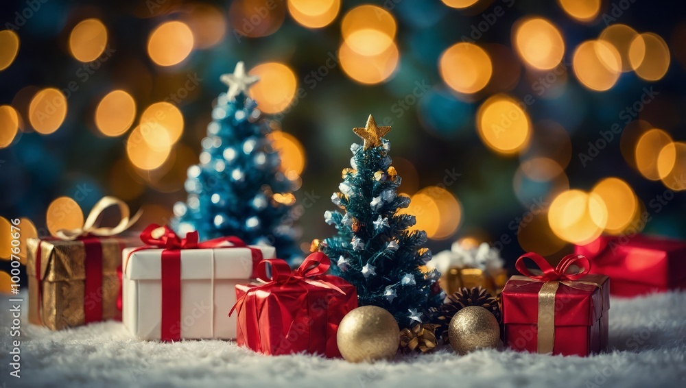 Holidays background with illuminated Christmas tree, gifts and decoration Holidays background with illuminated Christmas tree, gifts and decoration