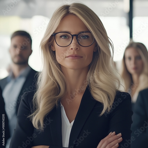 an elegant blonde woman in her late thirties, wearing glasses and business attire with arms crossed confidently posing for the camera, surrounded by other people, portrait of a businesswoman