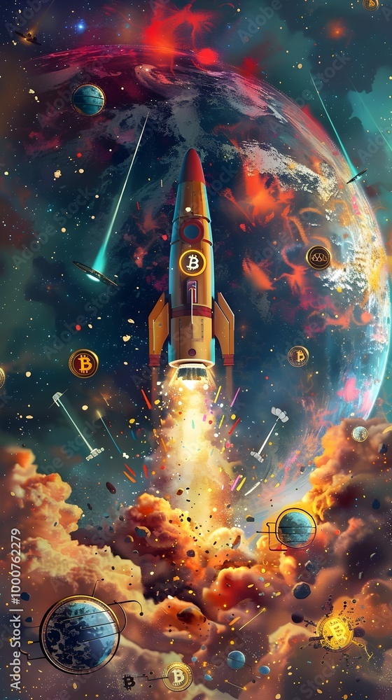 Obraz premium Cosmic Bitcoin Network Rocket Blasting Off with Digital Currency Logos Satellite Constellation