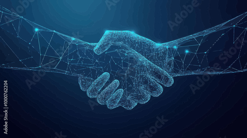 Digital Partnership Innovation: Low Poly Wireframe Handshake on Blue Technology Background - Abstract Business Collaboration, Connected Dots and Triangles, 3D Vector Polygon Grid Illustration
