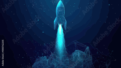 Abstract Digital Rocket Launch in Outer Space, Business Development Boosting Concept, Low Poly Wireframe Vector Illustration, Minimalist Technological Blue Background, Polygonal Banner