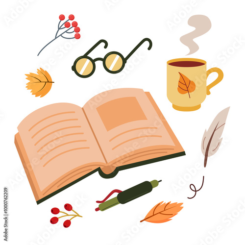 Open book, cup of tea, glasses, feather, pen and autumn leaves. Composition in flat style on white background. 