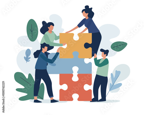 Team Collaboration and Employee Engagement Concept - Business Employees Assembling Puzzle Pieces for Workplace Success and Motivation - Flat Minimalist Vector Illustration