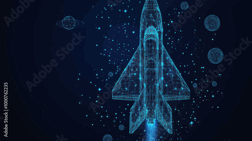 Wireframe Space Shuttle with Cosmic Background - Abstract Vector of Stars, Planets, and Universe in Minimalistic Style