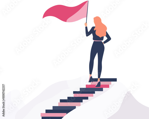 Success Businesswoman on Top of Career Stairs Holding Winning Flag - Female Entrepreneur Leadership, Achievement, and Future Vision - Flat Minimalist SVG Vector