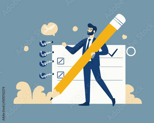 Business Project Management Concept with Businessman Using Giant Pencil to Check Completed Tasks on Project Tracking Checklist Timeline, Flat Minimalist Vector Illustration