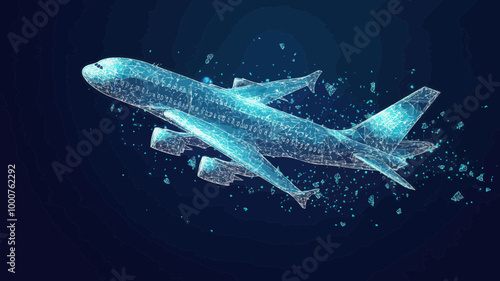 Low Poly Polygonal Airliner with Flying Mesh Debris, Blue Structure, Minimalist Vector Illustration