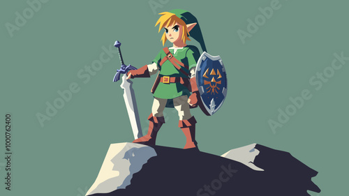 Heroic Anime Warrior with Sword and Shield Standing on Cliff Vector Illustration photo